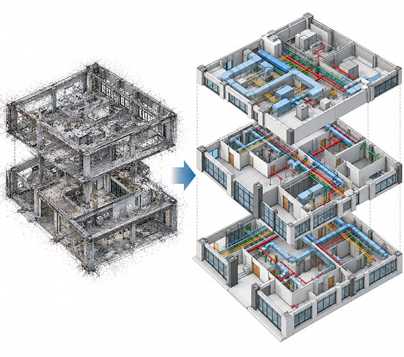 Point cloud model converted into coordinated BIM floor plans